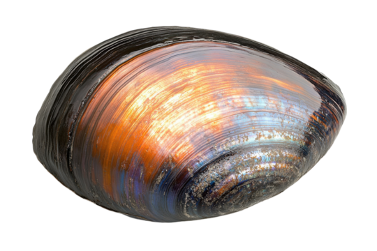 Iridescent mussel shell vibrant copper and blue hues detailed texture isolated on white background
