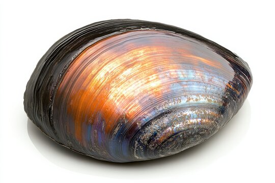 Iridescent mussel shell vibrant copper and blue hues detailed texture isolated on white background