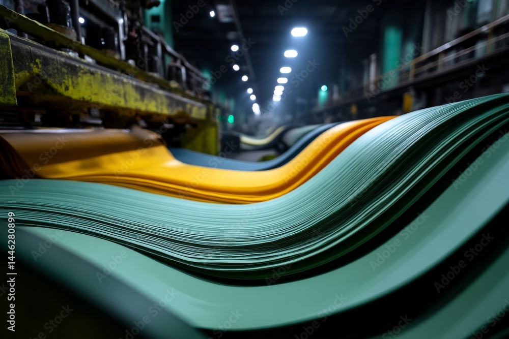 Poster industrial machine processing long sheets of colored material in factory setting under dim lighting 