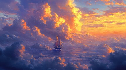 A majestic sailing vessel navigates a vibrant sky of clouds at sunset
