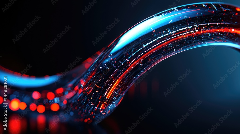 Poster a curvy abstract shape with blue and red illuminated streaks
