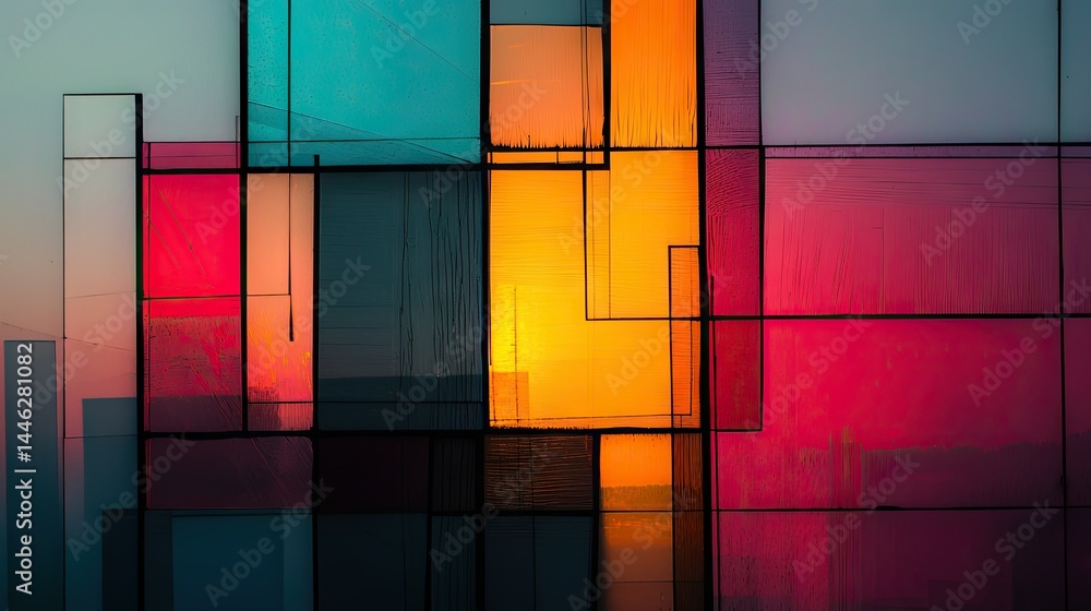 Poster geometric colorful abstract composition showcasing varied shapes and vibrant hues