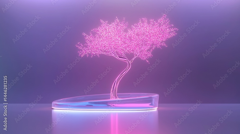 Poster a glowing neon tree in a futuristic environment setting