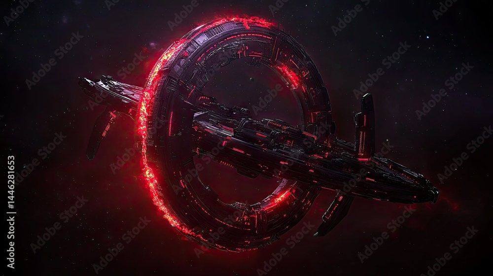 Poster A large dark space station with red lights in deep space