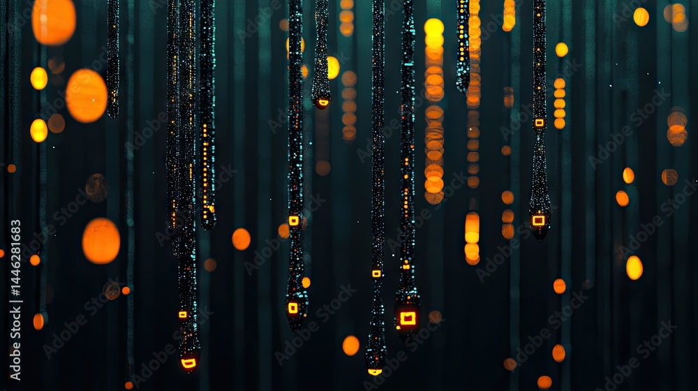 Poster abstract art showcasing glowing strands with various sizes of orbs