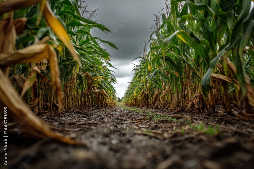 Poster low angle view of cornfield rows under a moody sky with overcast conditions and foliage showing yell