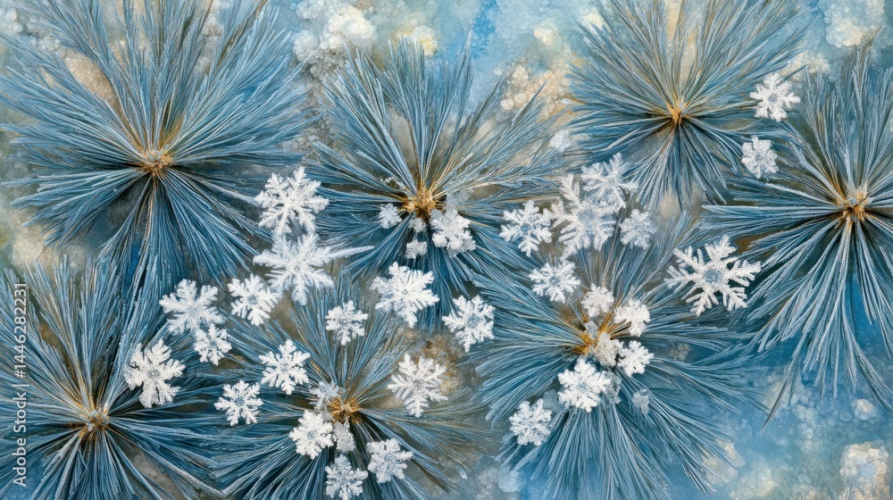 Poster pine needles covered in sparkling white snowflakes create winter scene