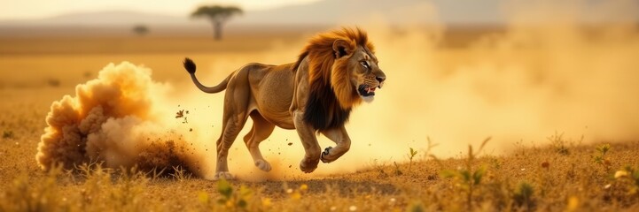 Majestic lion sprints across savanna, dust swirling, hunting prey ,  golden,  feline