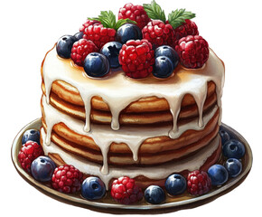 Top view of cozy pancake stacks with berries a culinary treat isolated on transparent background