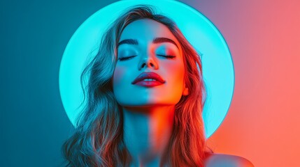 Fototapeta premium Serene Woman with Eyes Closed Under Neon Light Halo