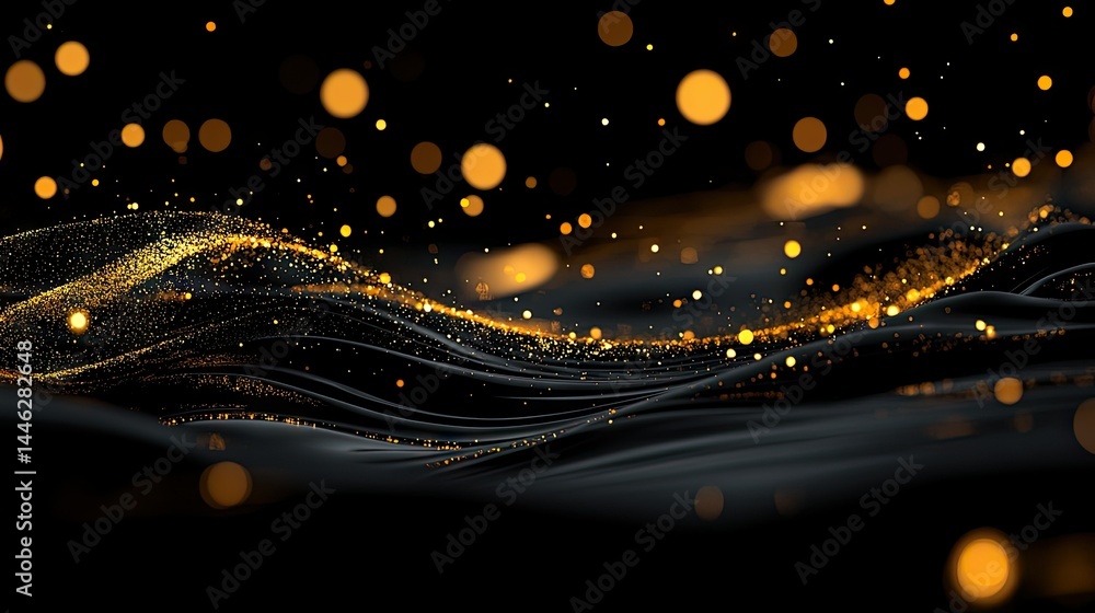 Poster golden particles sparkle above smooth black fabric abstract background