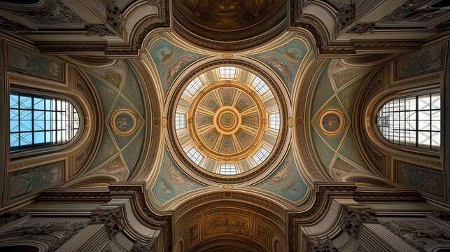 Majestic Architectural Dome: A breathtakingly detailed interior view showcasing a stunning, ornate dome ceiling, painted with intricate designs and bathed in natural light.