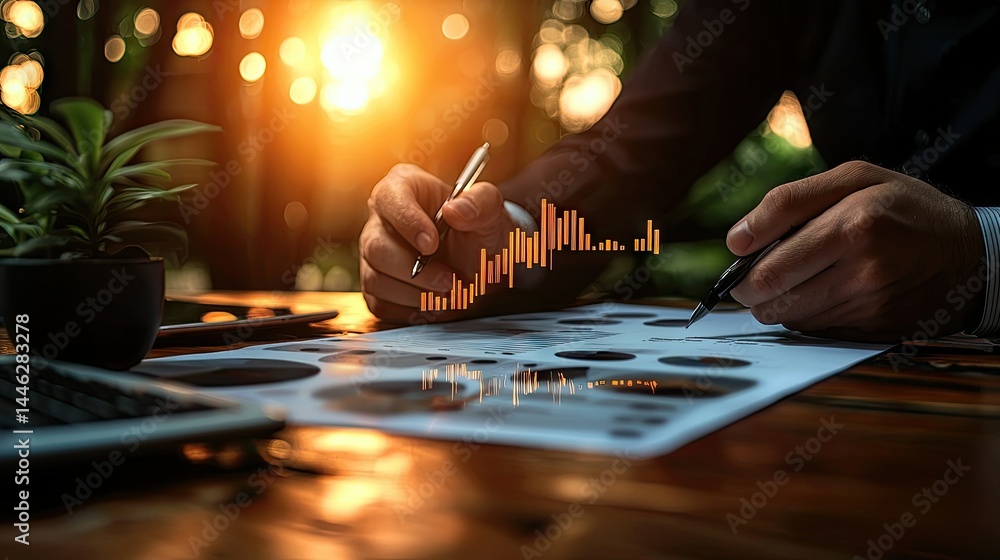 Poster a person analyzing data and reviewing financial charts