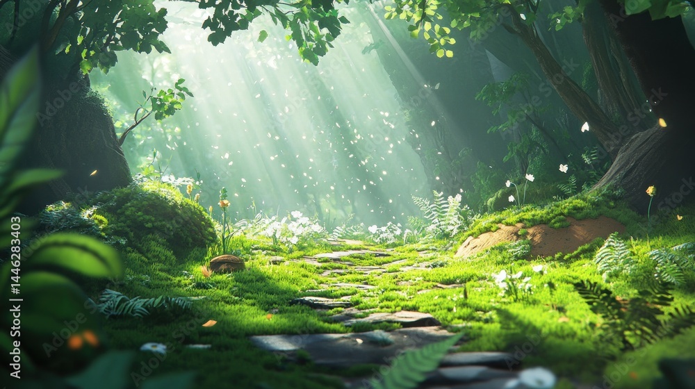 Poster A magical forest path illuminated by ethereal sunlight and greenery