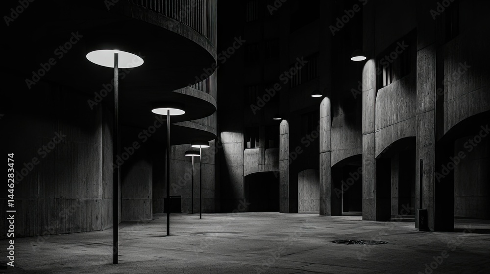 Poster architectural image depicting concrete structure illuminated by street lights