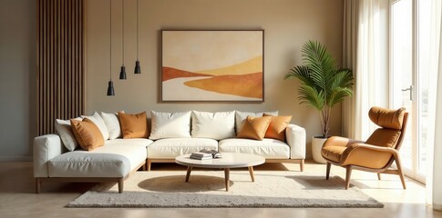 Fototapeta premium Chic minimalist lounge, abstract art, neutral tones, contemporary lines, calm, sofa