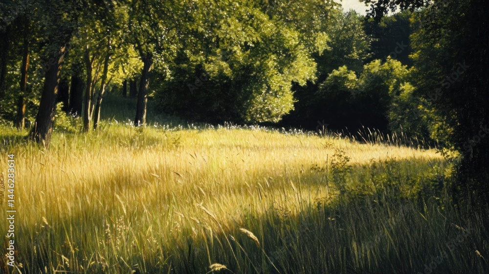 Poster golden wheat field with trees in the background in summer