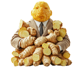Unique ginger root character in business suit creative concept isolated on transparent background