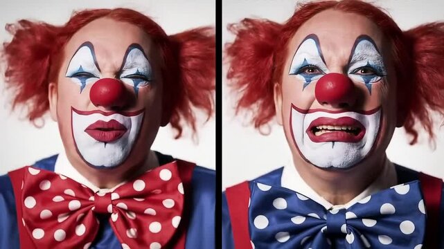 Clown laughing, two consecutive scenes of a circus clown transitioning from joyful laughter to silent tears, realistic facial expressions.
