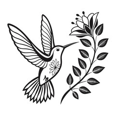 Vector Illustration of a Hummingbird Silhouette with Elegant Wings in Flight, Encircled by a Lotus Flower and Leafy Branch for Nature-Inspired and Decorative Art Projects