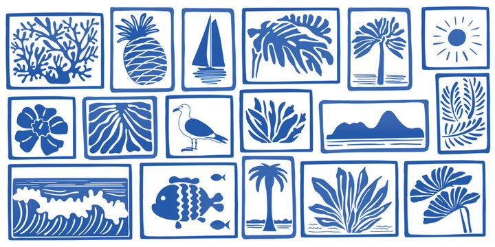 Retro hand drawn caribbean summer vacation seamless pattern with palms, sun, yacht, seagull and sea waves. Traditional patchwork style background illustration. Vintage textile print, fine art texture.