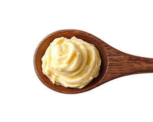 Cooking action creamy butter on wooden spoon kitchen food scene isolated on transparent background