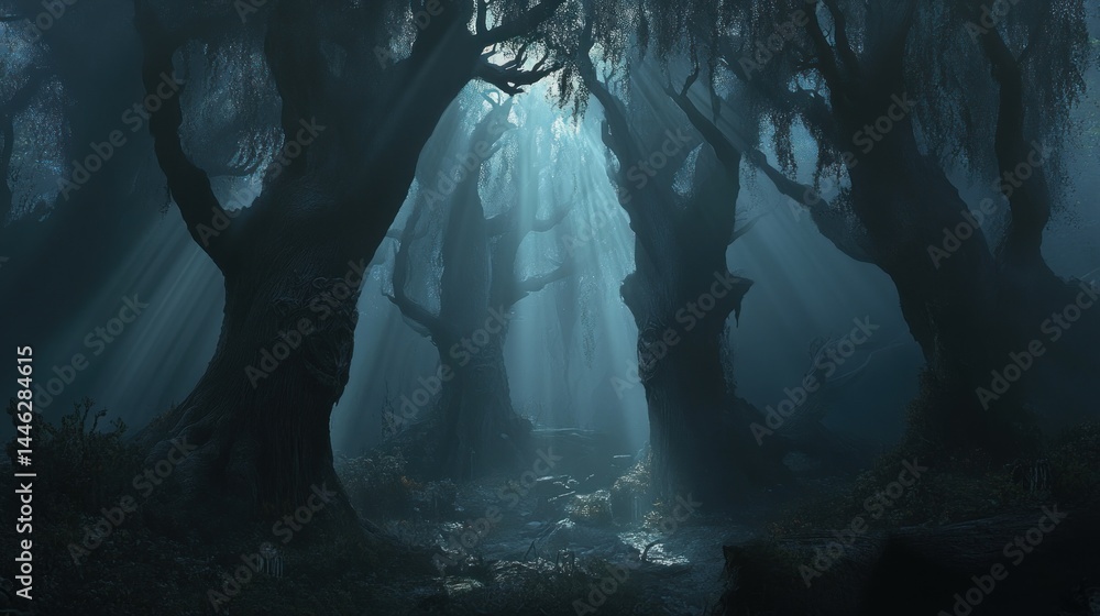 Poster mysterious forest illuminated by ethereal light creates a somber mood