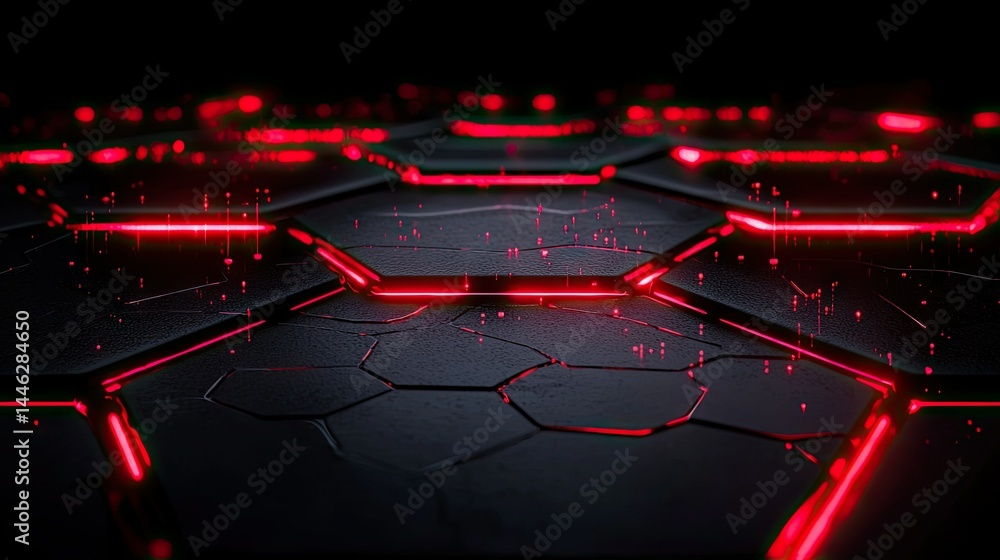 Poster a black surface with red glowing geometric hexagonal shapes