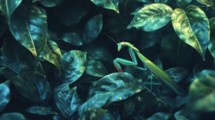 Praying mantis hidden in lush green foliage