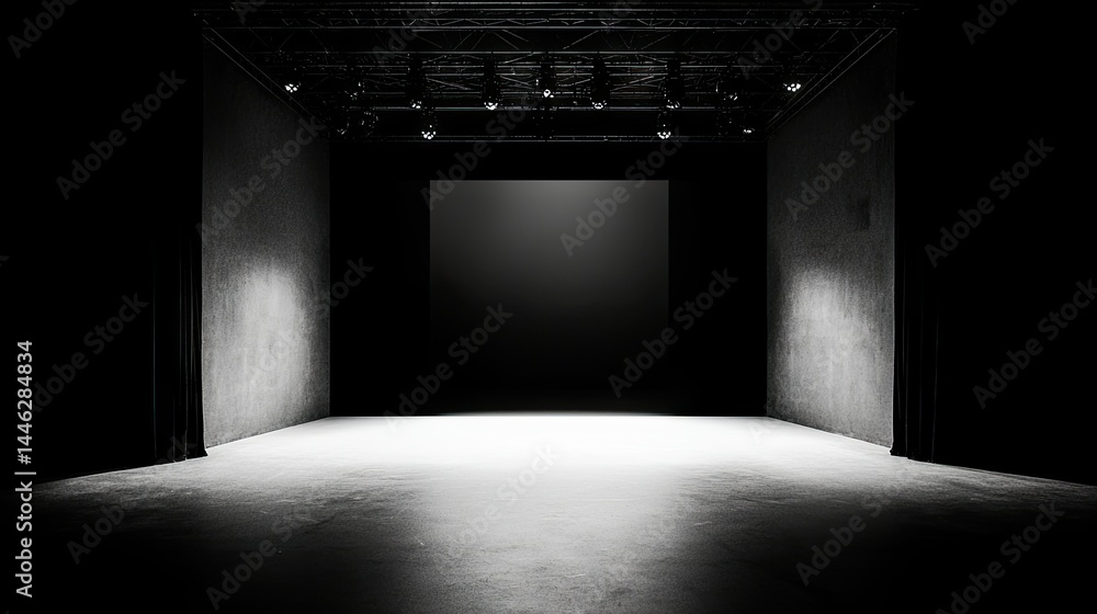 Poster A dark stage with spotlights illuminating a centered screen