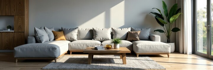 Sleek grey sofa, wood coffee table, bright window , wood, modern