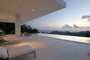 Fototapeta premium luxury outdoor terrace, luxurious terrace with infinity pool, elegant lounge furniture, tropical plants, and sunset glow, in premium resort villa style