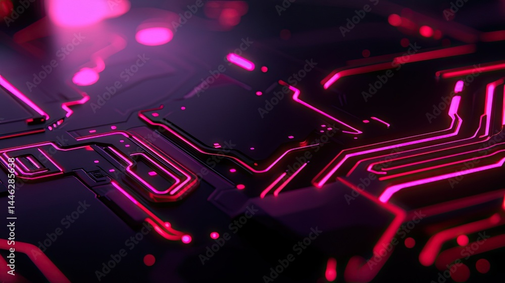 Poster close up view of a neon pink circuit board structure