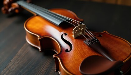 Fototapeta premium Antique violin, polished wood, intricate detail, background, musical
