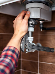 Plumber tightening a pipe with a wrench under a sink, plumbing work, close-up of hands in repair process