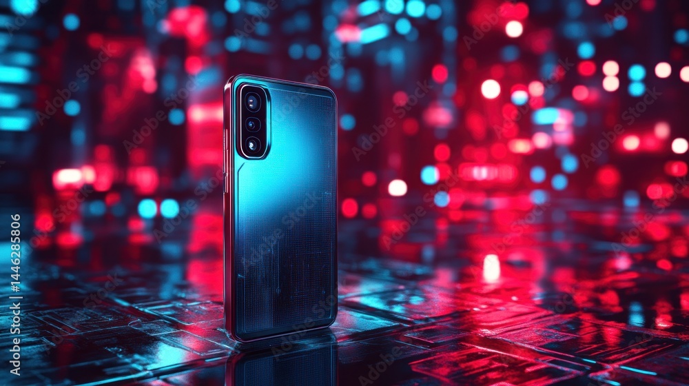 Poster sleek smartphone standing against a vibrant bokeh background