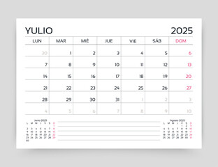 Spanish calendar for July 2025 year. Planner calender template. Table organizer. Week starts Monday. Monthly schedule grid. Desk corporate diary. Timetable layout. Vector illustration. Paper size A5