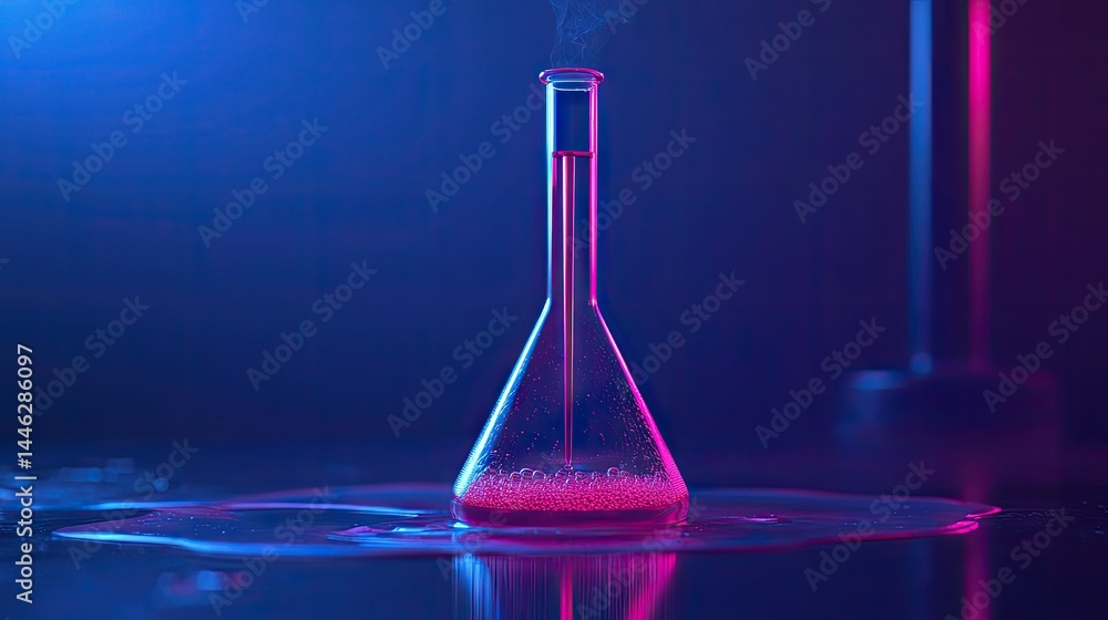 Poster a glass flask reacting with liquid and emitting visible vapor