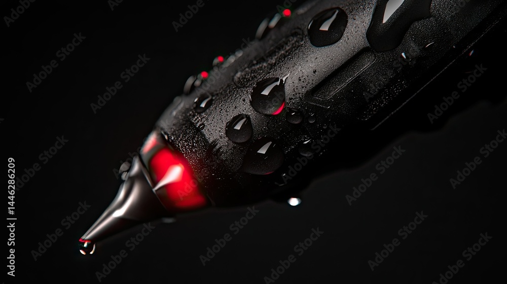 Poster close up image showcasing a wet black stylus with red illumination