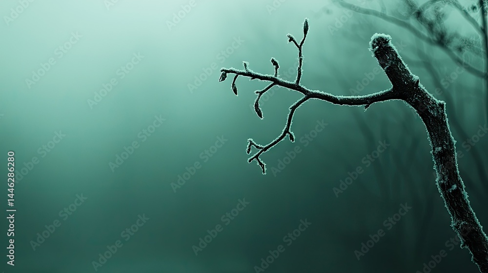 Poster frozen branches of a tree against a blurred teal background