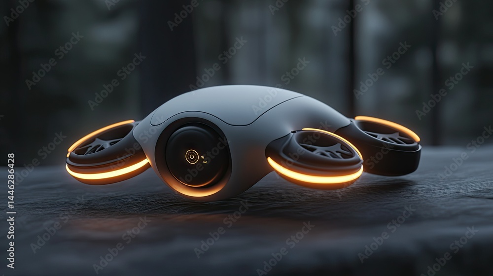 Poster a sleek futuristic drone is resting on a dark textured surface