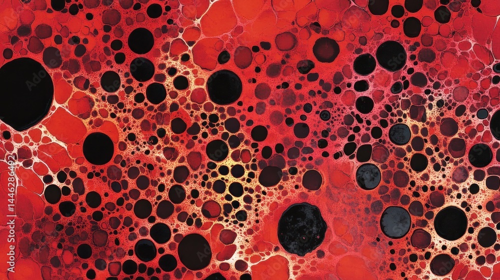 Aufkleber Abstract art features red background with black circular patterns