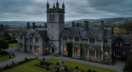 Aerial View Of Stately Stone Manor House In The Rural Countryside