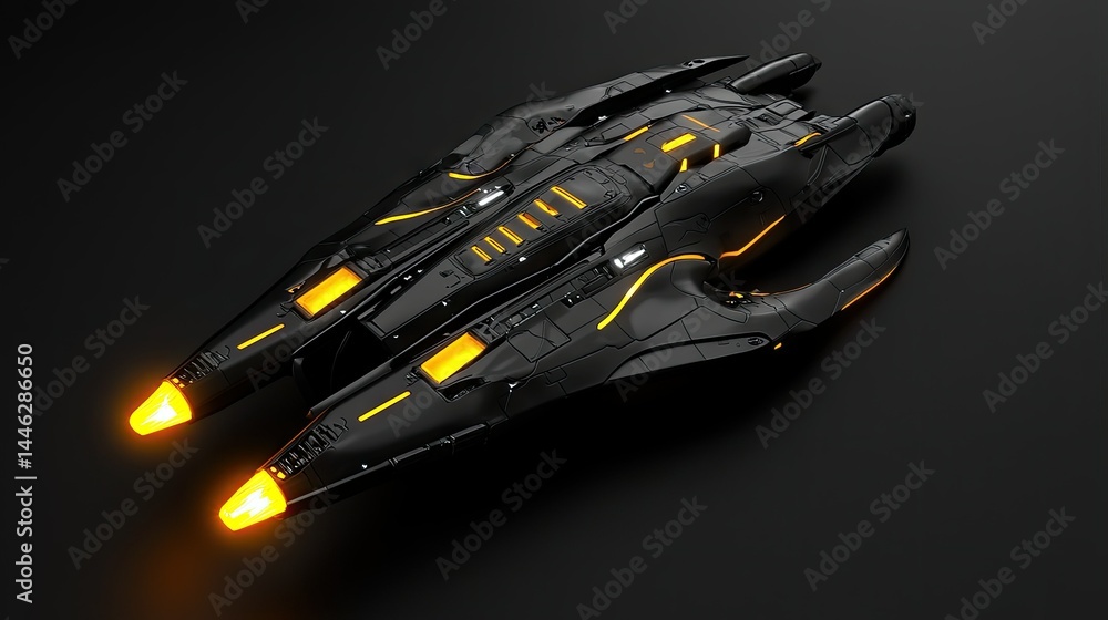 Poster a futuristic spaceship with glowing lights is displayed against darkness