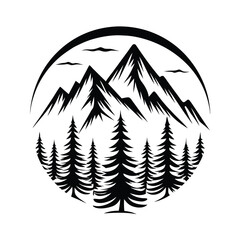 majestic mountain range silhouette with pine trees