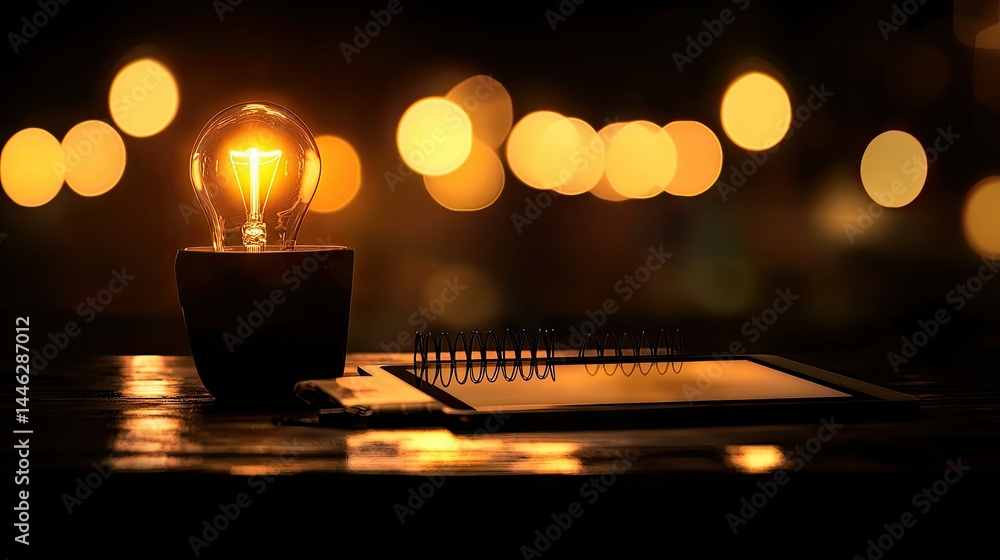 Poster Illuminated Light Bulb Near a Notebook and a Blurry Bokeh Background