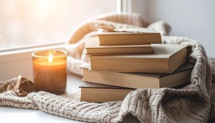 A stack of paper books on a cozy reading nook, next to a candle and a wool blanket.
