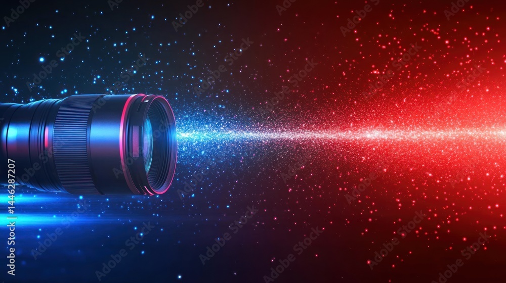 Poster a camera lens emits light transitioning from blue to red