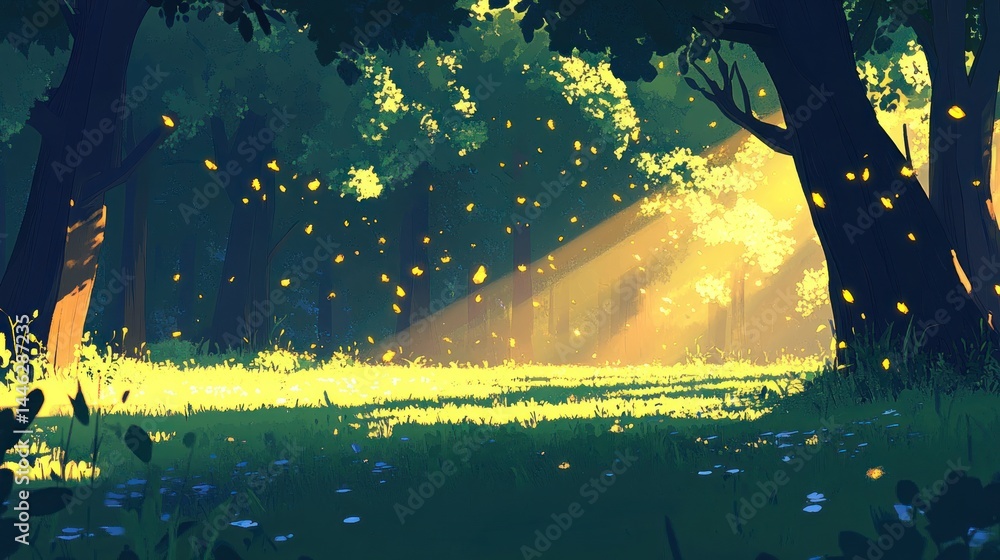 Poster forest scene with sunlight streaming through the trees