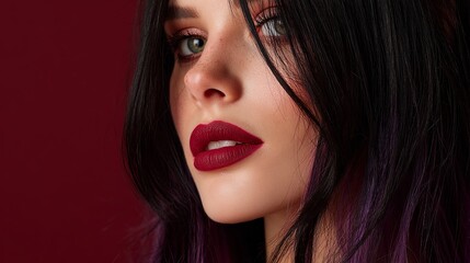 Fototapeta premium Woman with dark hair and red lipstick posing against a rich red background